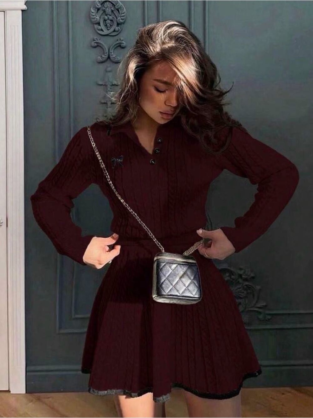 2pcs Set: Butterfly Embroidered Long Sleeve Polo Sweater & Knit Midi Skirt,